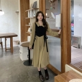 大码女秋季新款胖妹妹法式茶歇气质收腰显瘦遮肚假两件复古连衣裙
