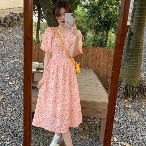 #309实拍实价 夏季新款钉珠领橘色碎花连衣裙淑女泡泡袖短袖