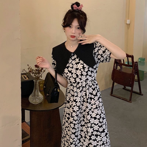 #318实拍实价 夏季法式复古娃娃领连衣裙泡泡袖宽松高腰碎花
