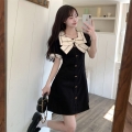 【上架即现货】官图春夏季胖mm高腰蝴蝶结方领短袖大码连衣裙女