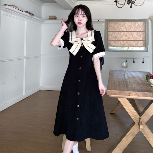 【上架即现货】官图春夏季胖mm高腰蝴蝶结方领短袖大码连衣裙女