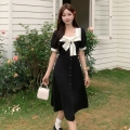 【上架即现货】实拍春夏季胖mm高腰蝴蝶结方领短袖大码连衣裙女