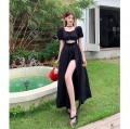 实拍现货黑色方领镂空泡泡短袖连衣裙女夏季小众设计开叉显瘦长裙