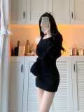 黑色性感辣妹针织连衣裙女秋装假两件紧身小个子纯欲后妈包臀短裙