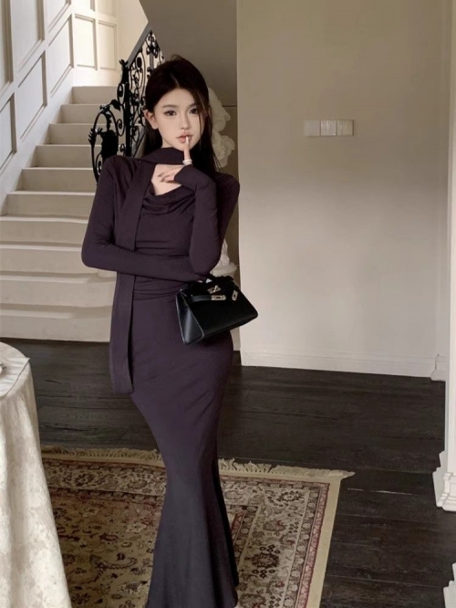 性感法式名媛荡领包臀长裙女2025早春装高级感气质修身鱼尾连