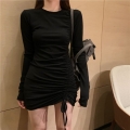 2023年女装新款早秋季性感抽绳修身长袖法式连衣裙中长款包臀