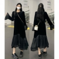 金丝绒连衣裙女秋新款圆领套头收腰显瘦拼接网纱中长款长袖鱼尾裙