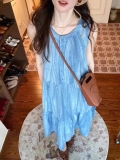 蓝色无袖吊带连衣裙子女装2025新款夏季法式气质海边度假背心
