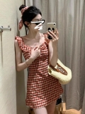 法式气质红色格子无袖连衣裙子女夏季2025新款小个子显瘦收腰