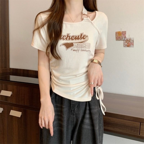 设计感小众假两件正肩短袖T恤女夏季辣妹修身抽绳别致短款上衣i