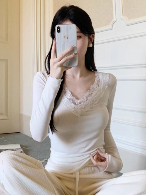 MR【螺纹德绒】蕾丝打底衫女秋冬季内搭长袖t恤纯欲V领茶艺白