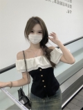 MR 已出货 设计感小众收腰短上衣女装法式荷叶边一字肩短袖