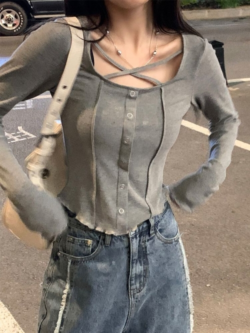 辣妹心机锁骨显瘦短上衣女薄款修身长袖针织T恤夏装