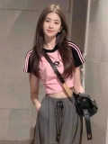 1*1纯棉 高弹力新款女三条杠条纹设计感上衣