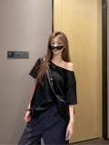 美式复古斜肩短袖t恤女夏季设计感小众宽松露肩辣妹上衣