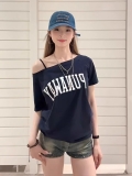 美式复古斜肩短袖t恤女夏季设计感小众宽松露肩辣妹上衣