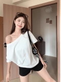 美式复古斜肩短袖t恤女夏季设计感小众宽松露肩辣妹上衣